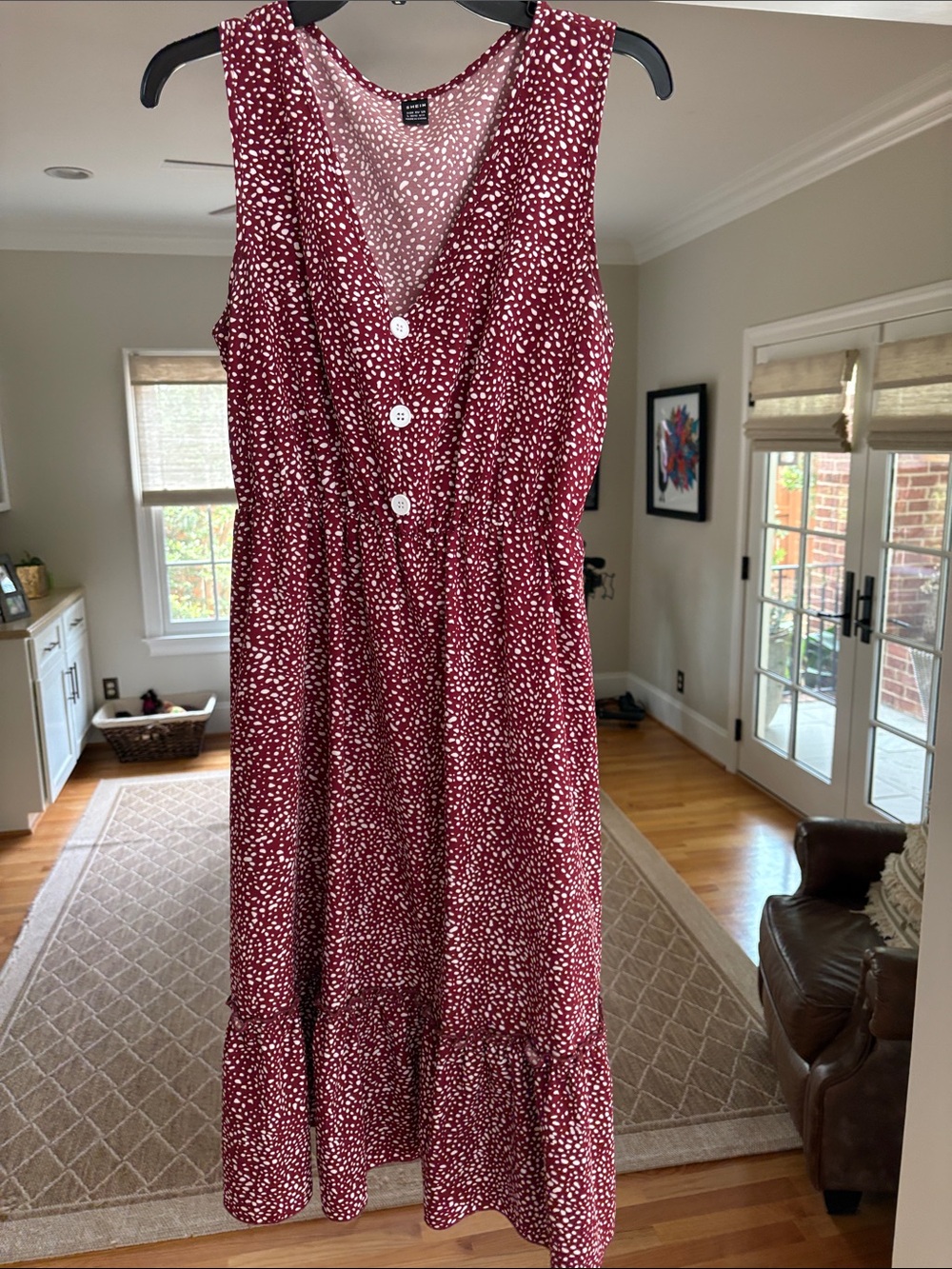 Sleeveless Red Print Button-Front Dress with Ruffle